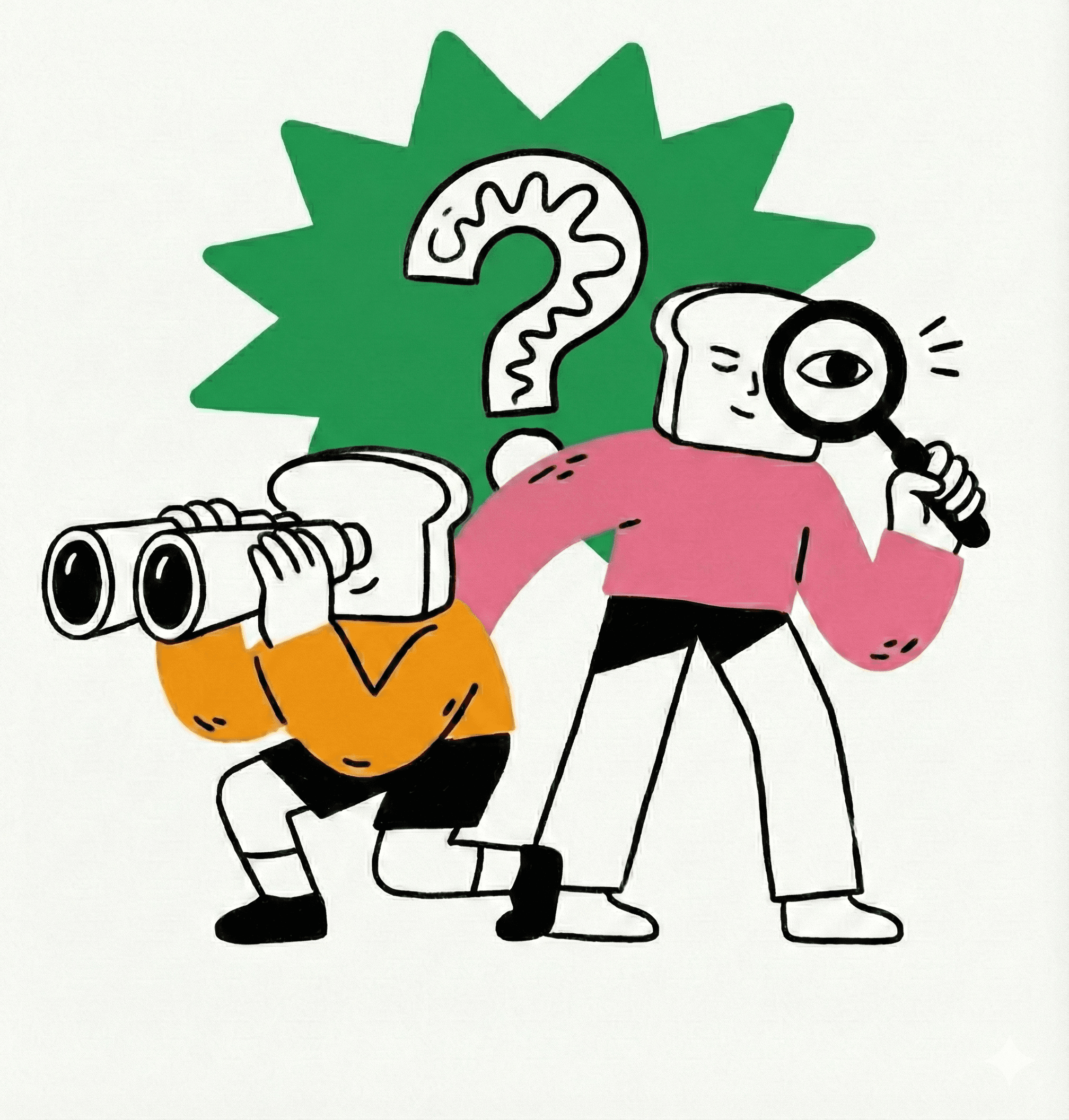 Scout illustration - two characters searching with binoculars and magnifying glass